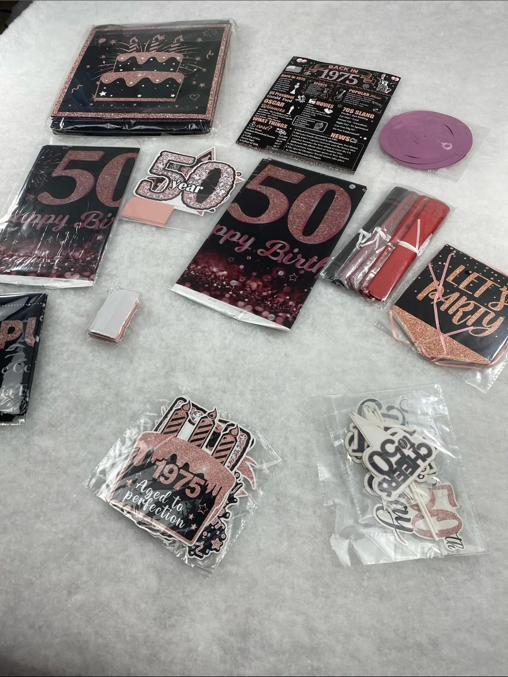 50th Birthday Party Supplies Set - Rose Gold and Black